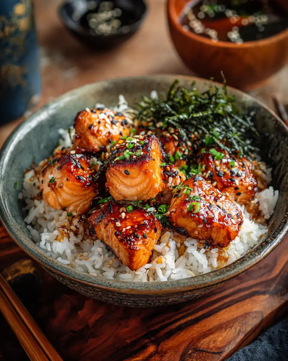 Air Fried Teriyaki Salmon Bites Rice Bowl