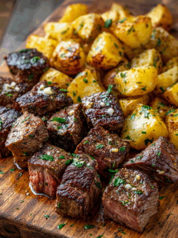 Air Fryer Garlic Butter Steak Bites and Potatoes