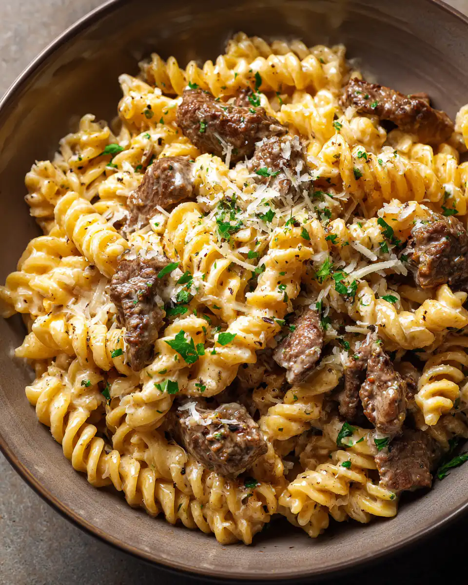 Beef and Rotini in Garlic Parmesan Sauce