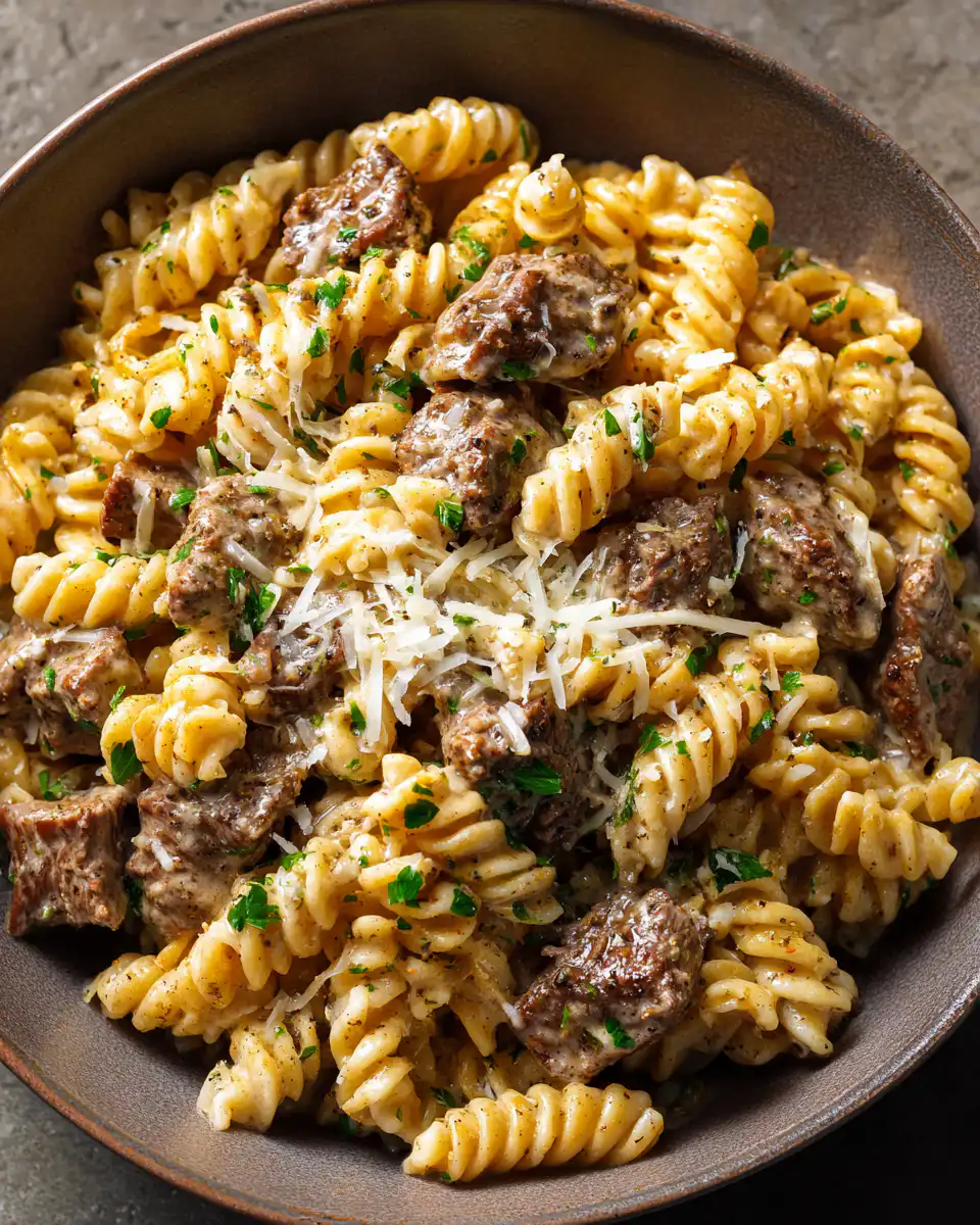 Beef and Rotini in Garlic Parmesan Sauce