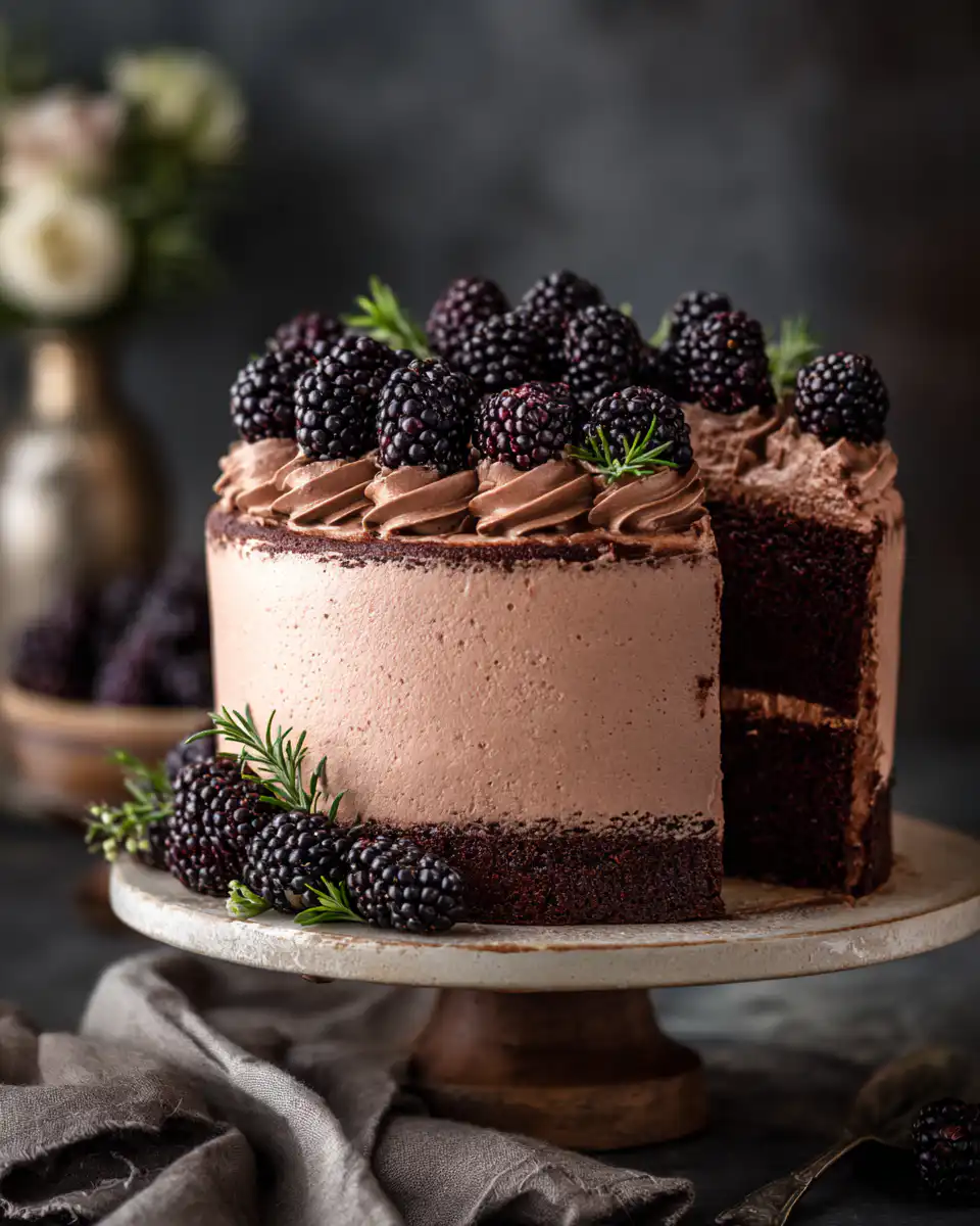 Bourbon Chocolate Cake with Blackberry Buttercream