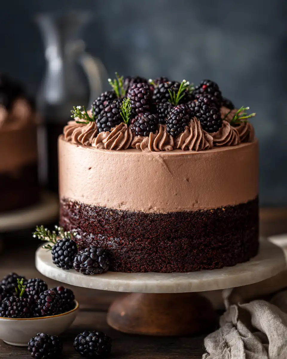 Bourbon Chocolate Cake with Blackberry Buttercream