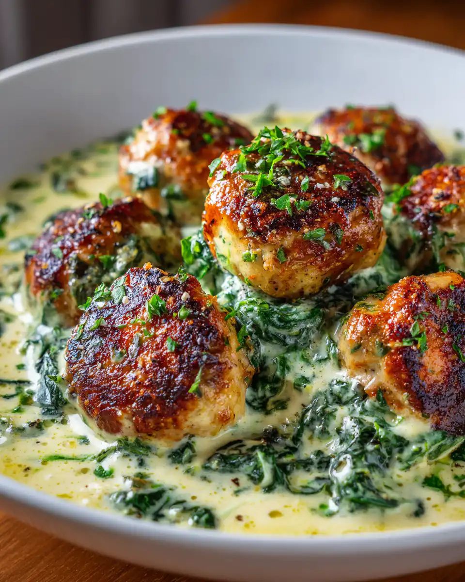 Chicken Ricotta Meatballs in Spinach Alfredo Sauce