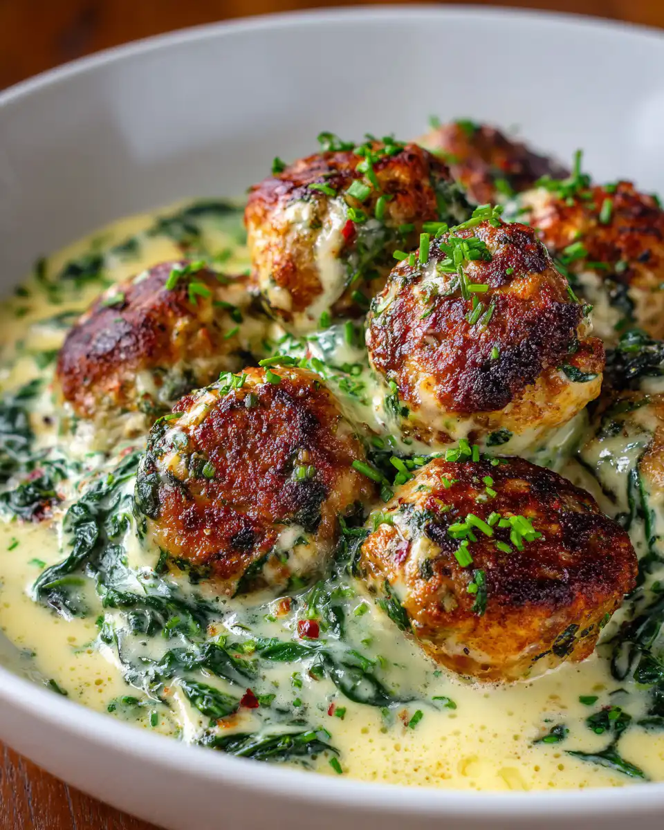 Chicken Ricotta Meatballs in Spinach Alfredo Sauce