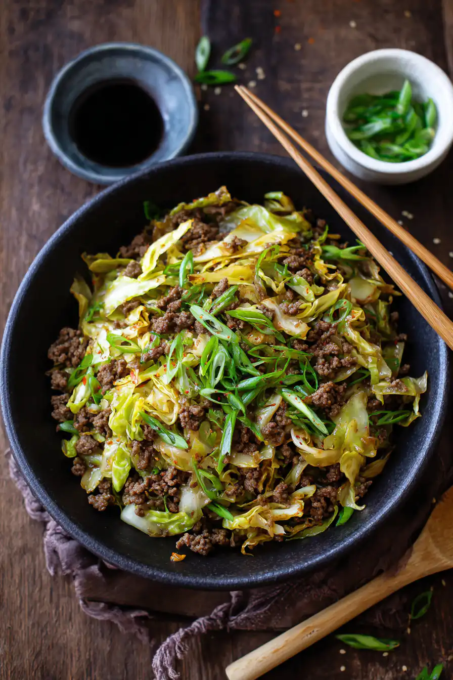 Chinese Ground Beef and Cabbage Stir Fry with Ginger