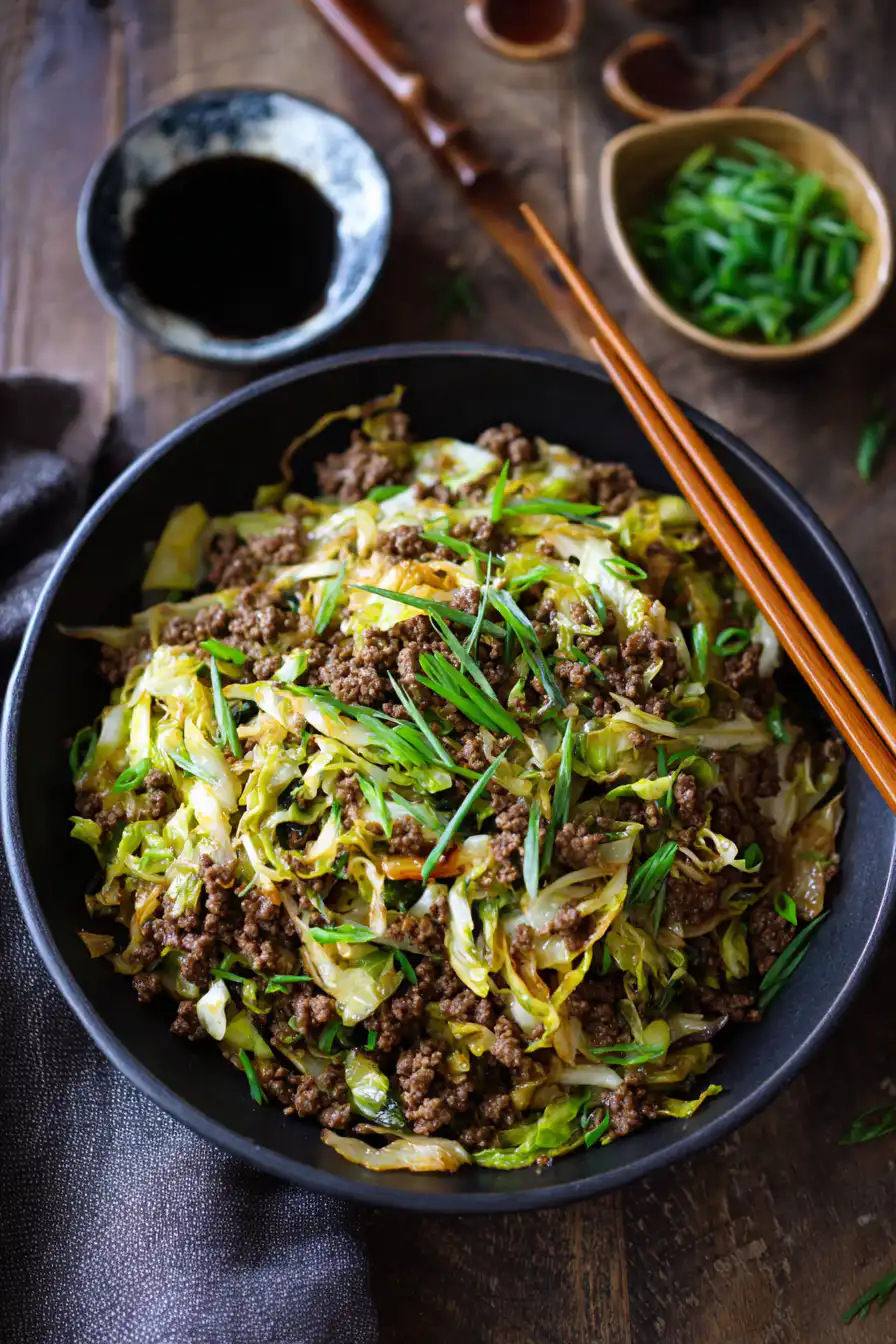 Chinese Ground Beef and Cabbage Stir Fry with Ginger