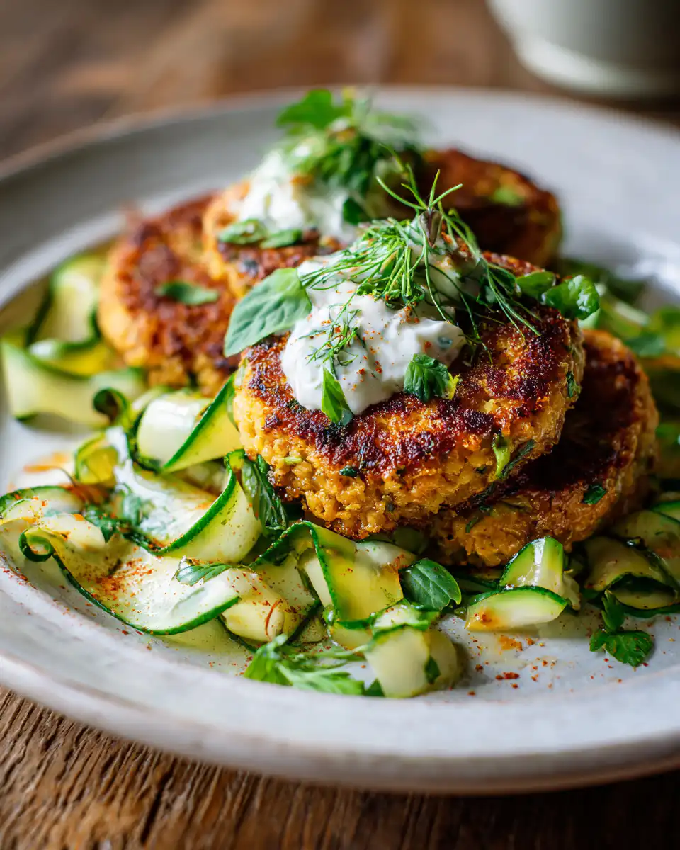 Crispy Chickpea Cakes with Zucchini Ribbon Salad and Yogurt
