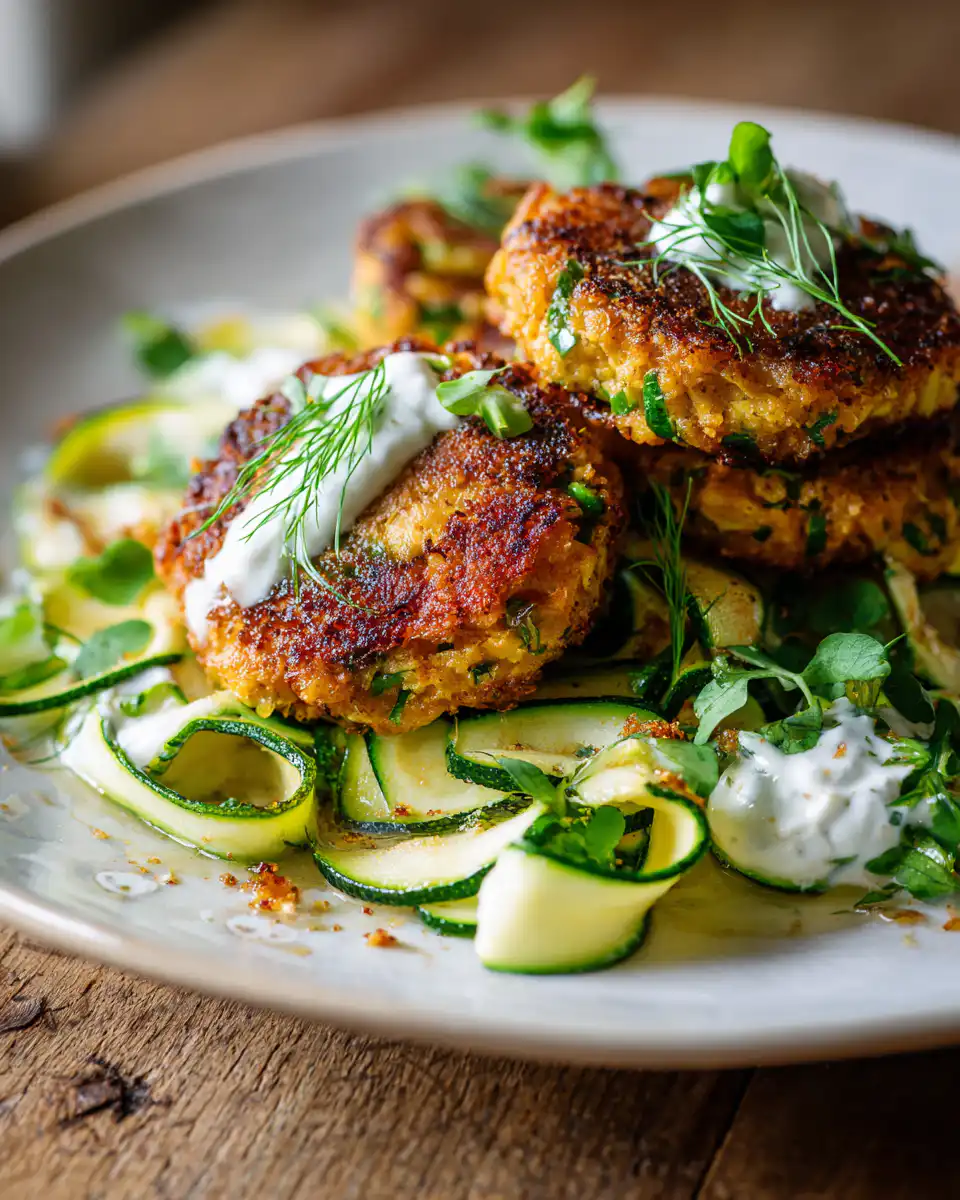 Crispy Chickpea Cakes with Zucchini Ribbon Salad and Yogurt