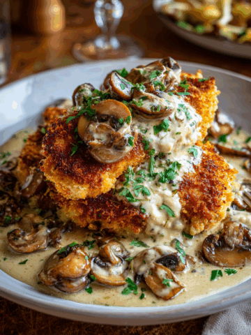 Crispy Golden Chicken With Creamy Parmesan Mushroom Sauce