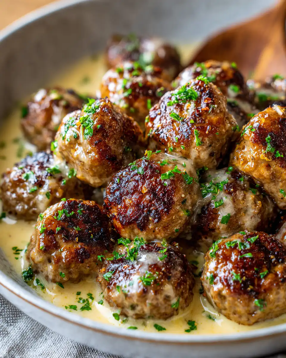 Easy Garlic Butter Meatballs served over creamy
