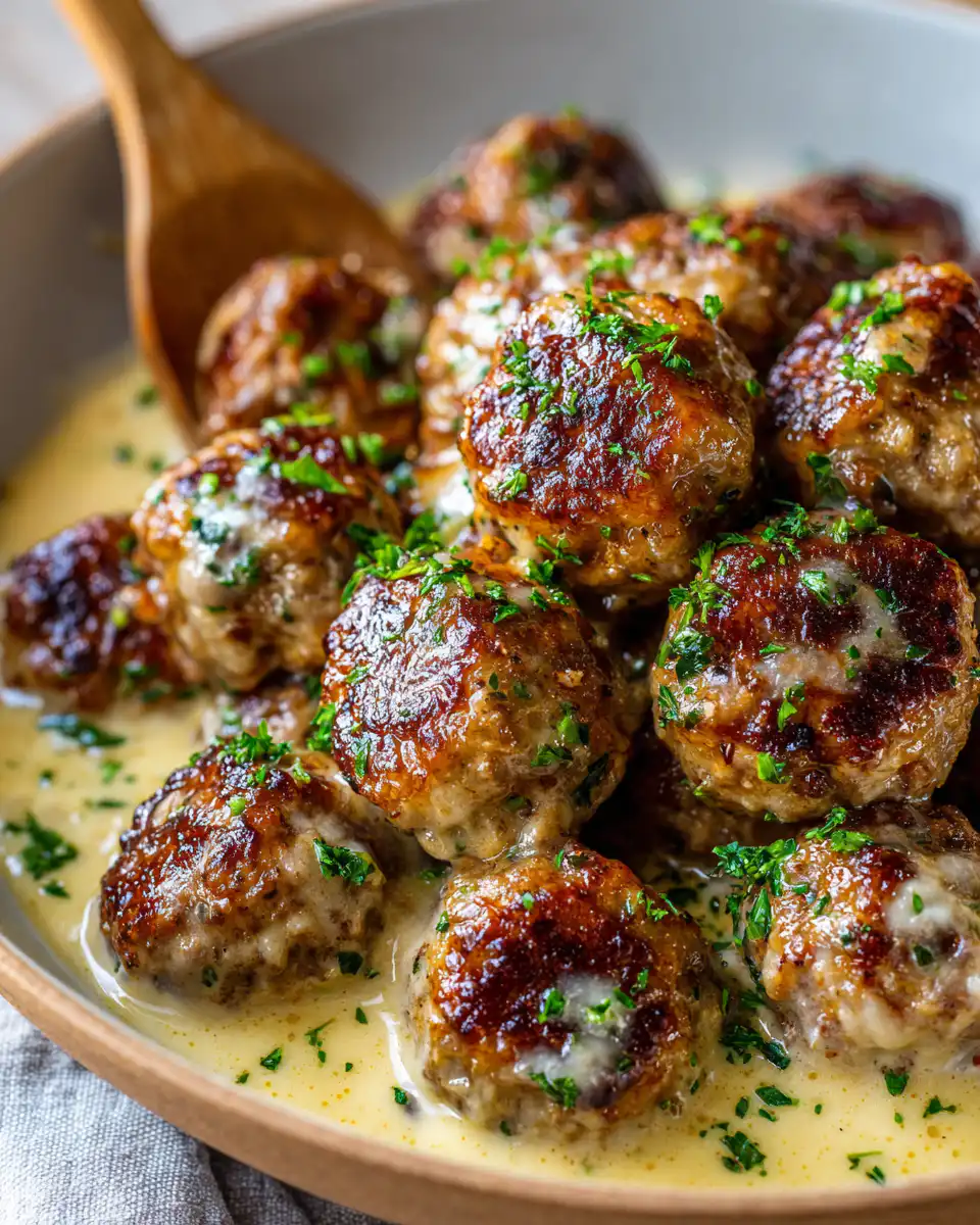 Easy Garlic Butter Meatballs served over creamy