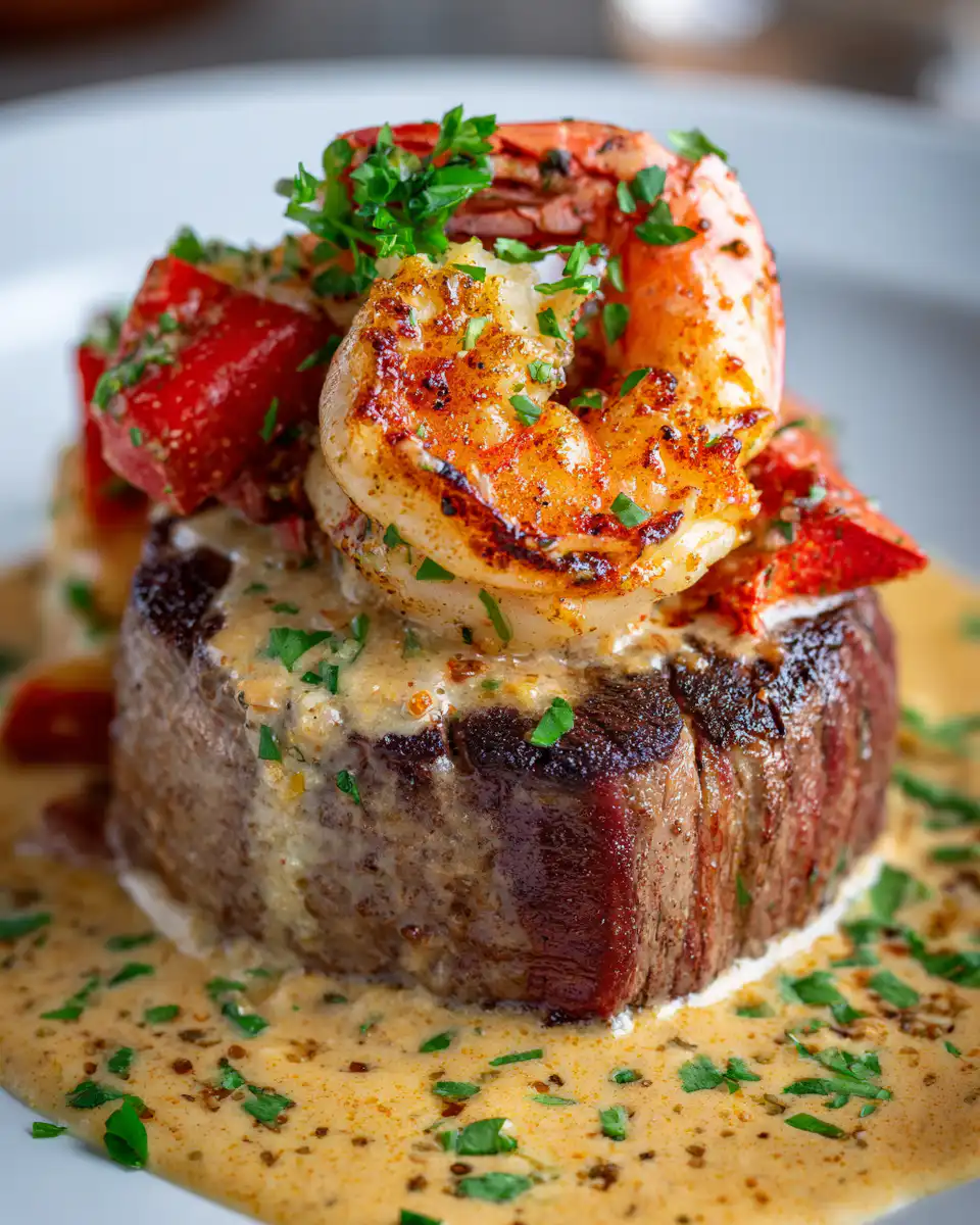 Filet Mignon with Shrimp and Lobster Cream Sauce