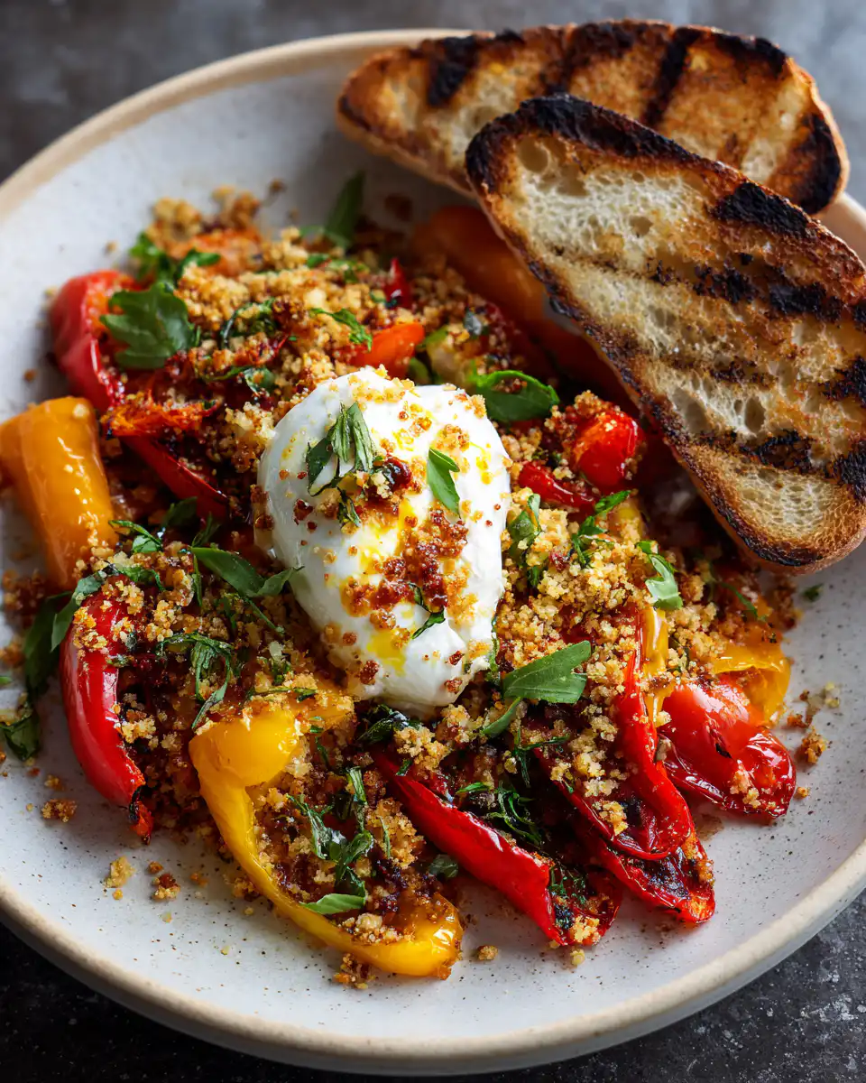 Grilled Peppers with Burrata and Sourdough Breadcrumbs