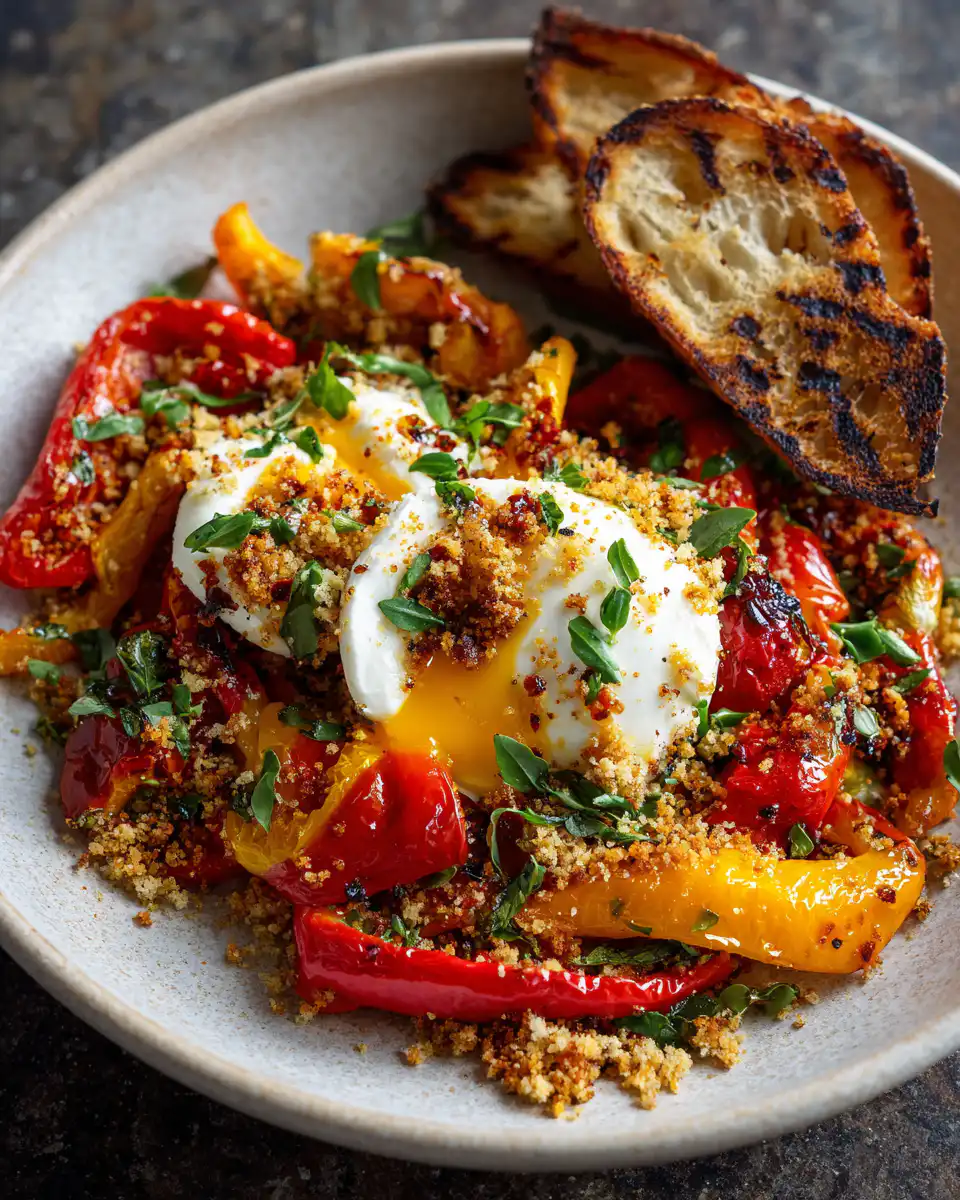 Grilled Peppers with Burrata and Sourdough Breadcrumbs