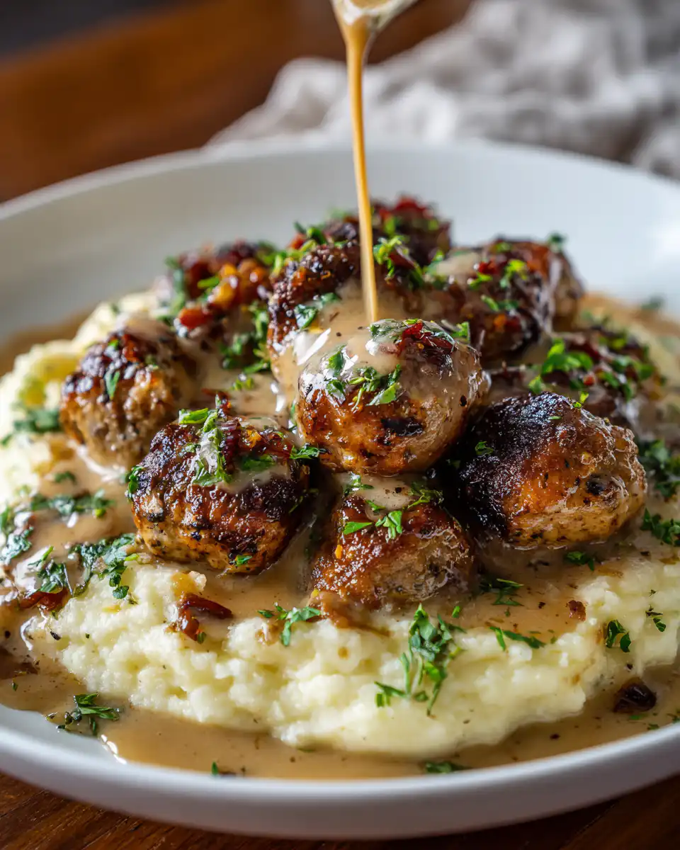 Meatballs and Gravy over Creamy Cauliflower Mash