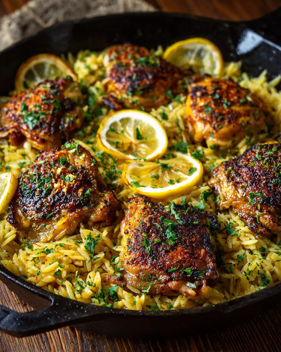 One Pan Lemon Garlic Chicken Thighs with Orzo Recipe