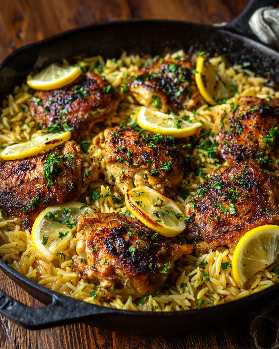 One Pan Lemon Garlic Chicken Thighs with Orzo Recipe