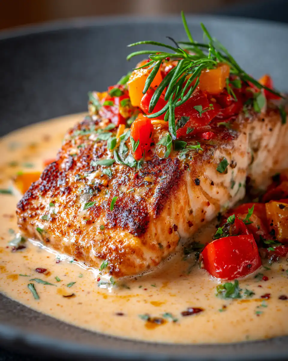 Salmon with Roasted Pepper Cream Sauce