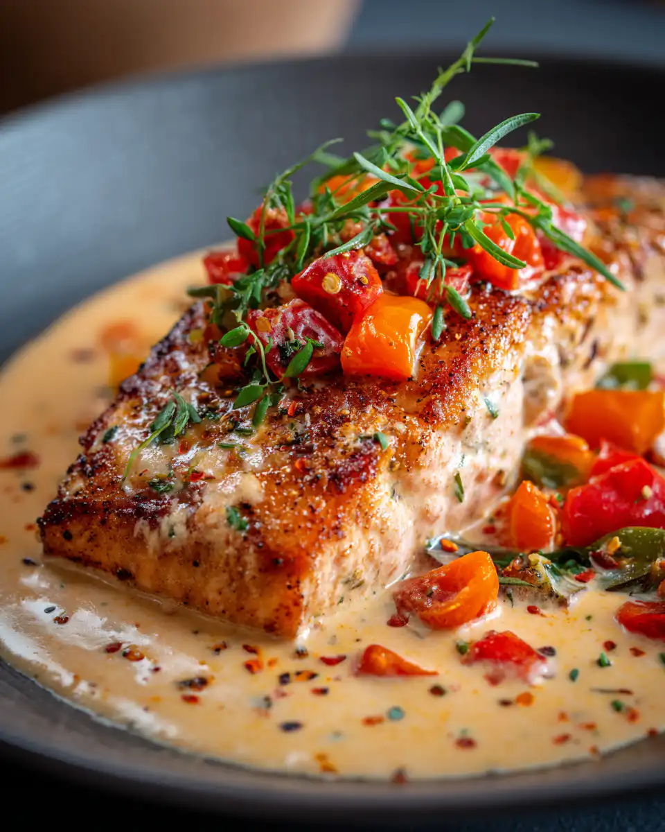 Salmon with Roasted Pepper Cream Sauce