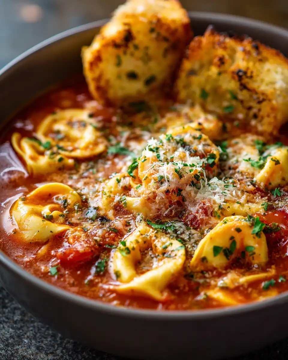 Slow Cooker Tomato Tortellini Soup with Cheddar Toast Bites