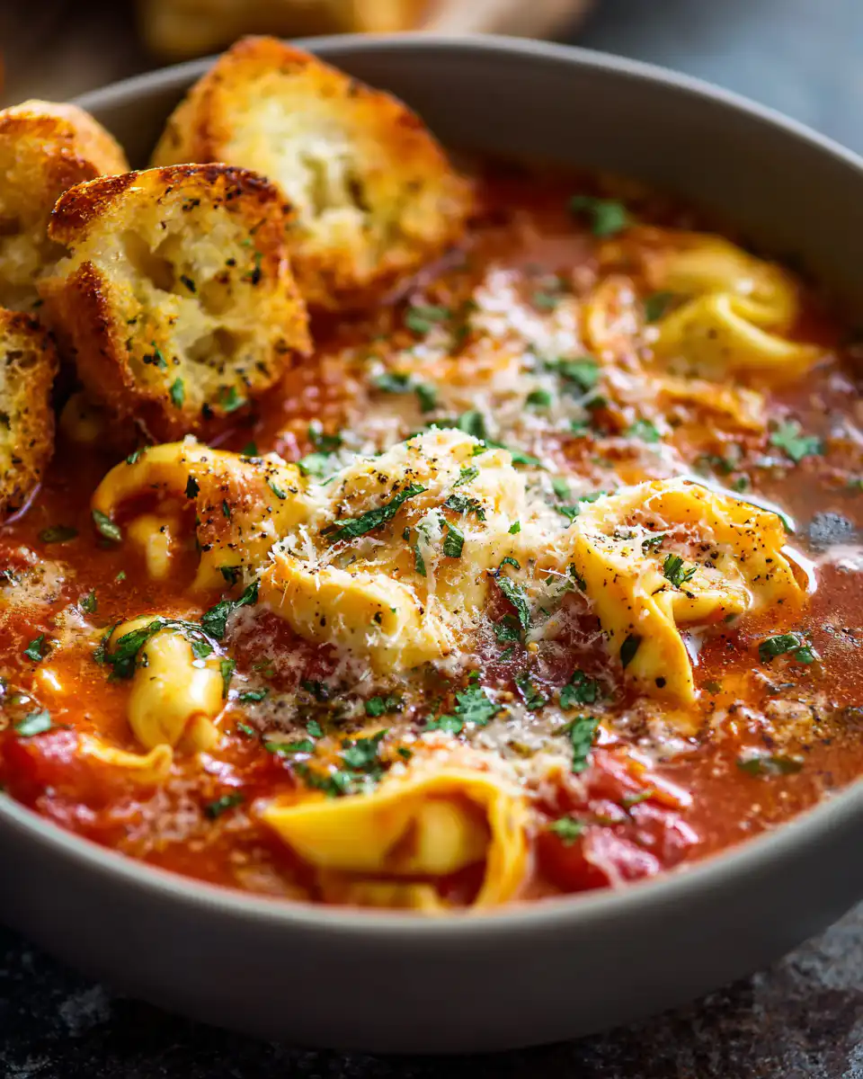 Slow Cooker Tomato Tortellini Soup with Cheddar Toast Bites