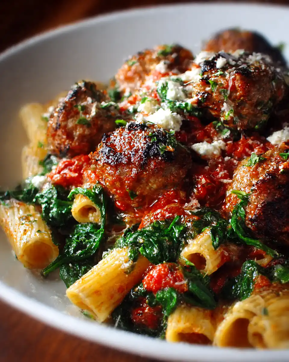 Turkey & Ricotta Meatballs with Garlic Spinach Rigatoni