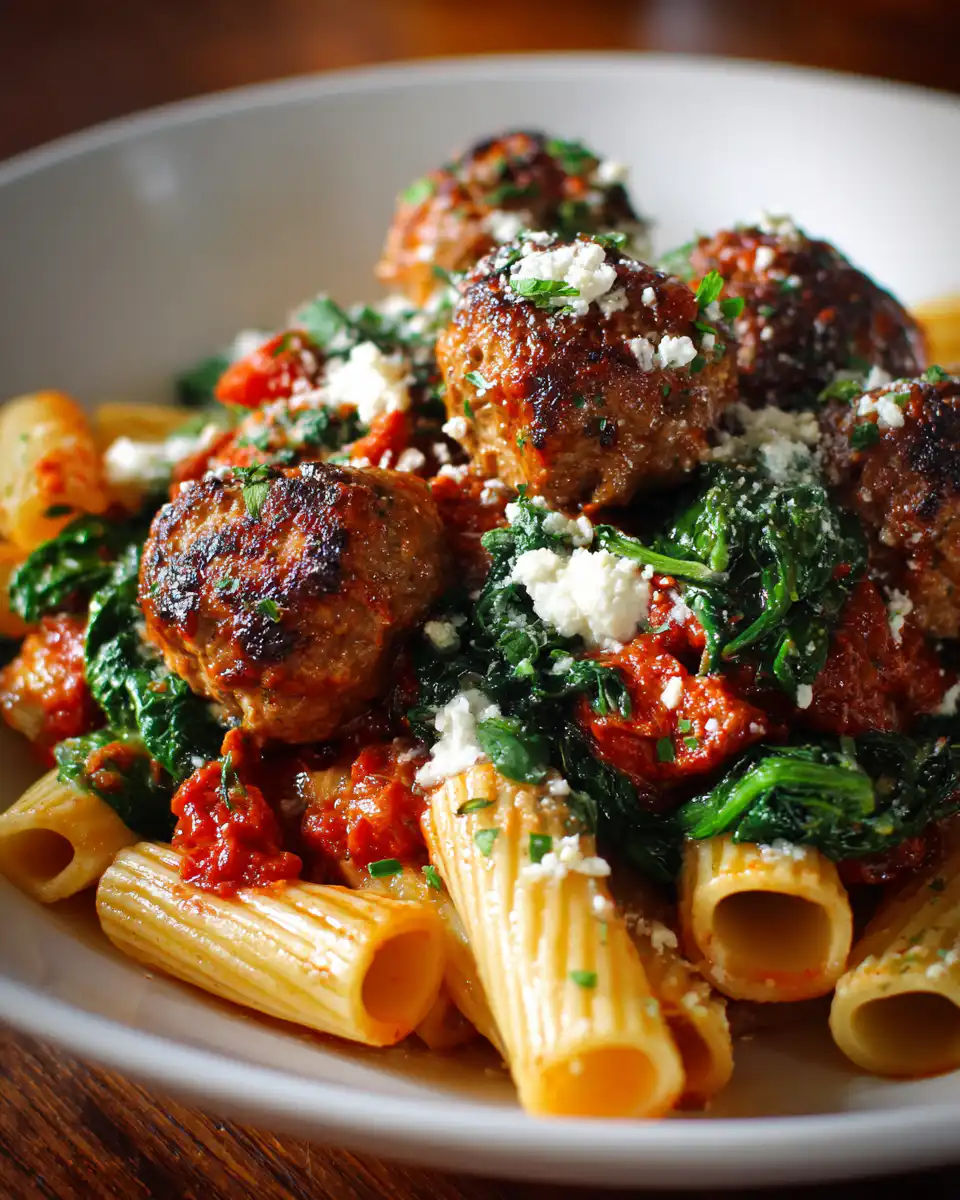 Turkey & Ricotta Meatballs with Garlic Spinach Rigatoni