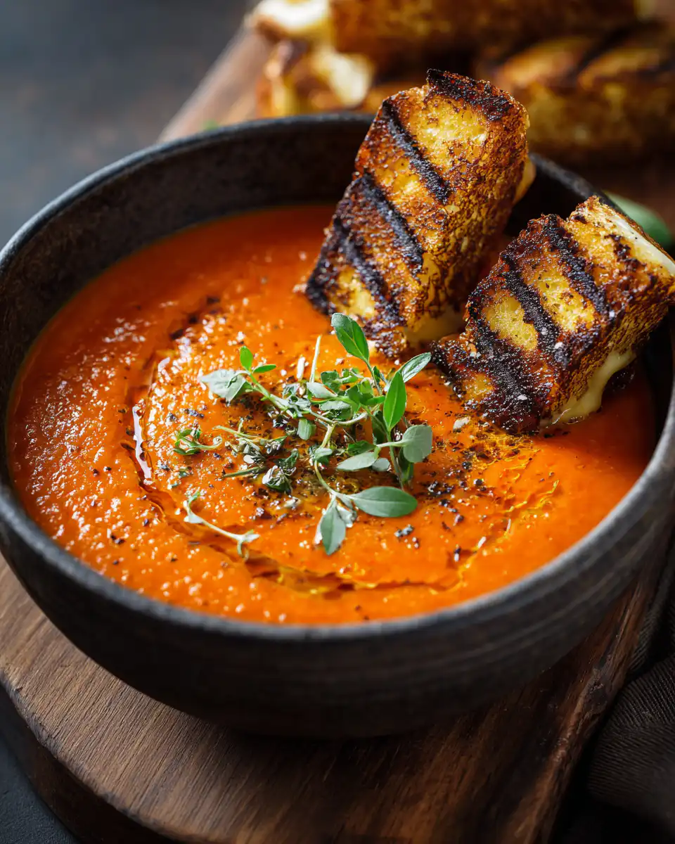 Pumpkin Tomato Soup With Grilled Swiss Cheese Sticks