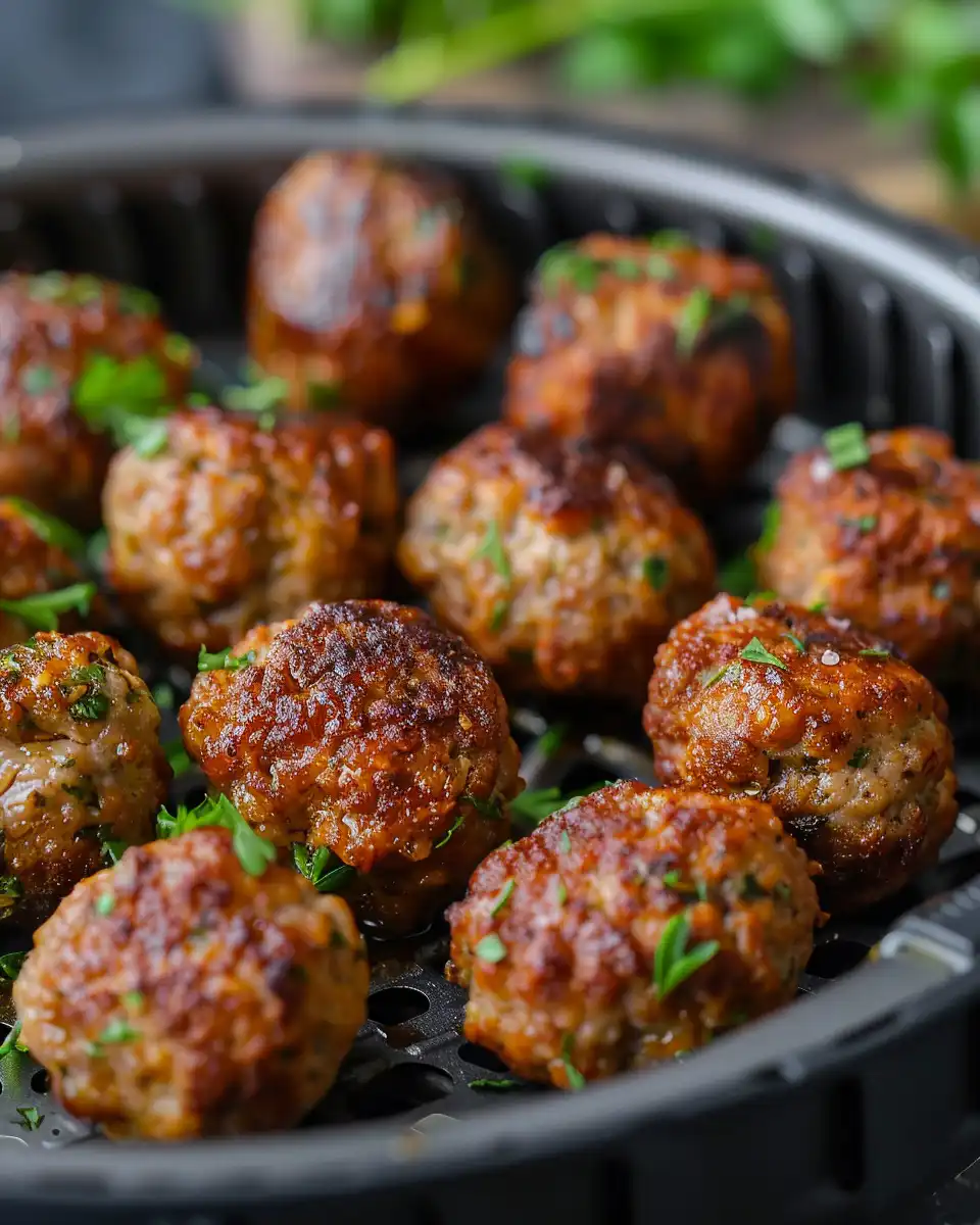 Golden crispy air fryer turkey meatballs cooked perfectly