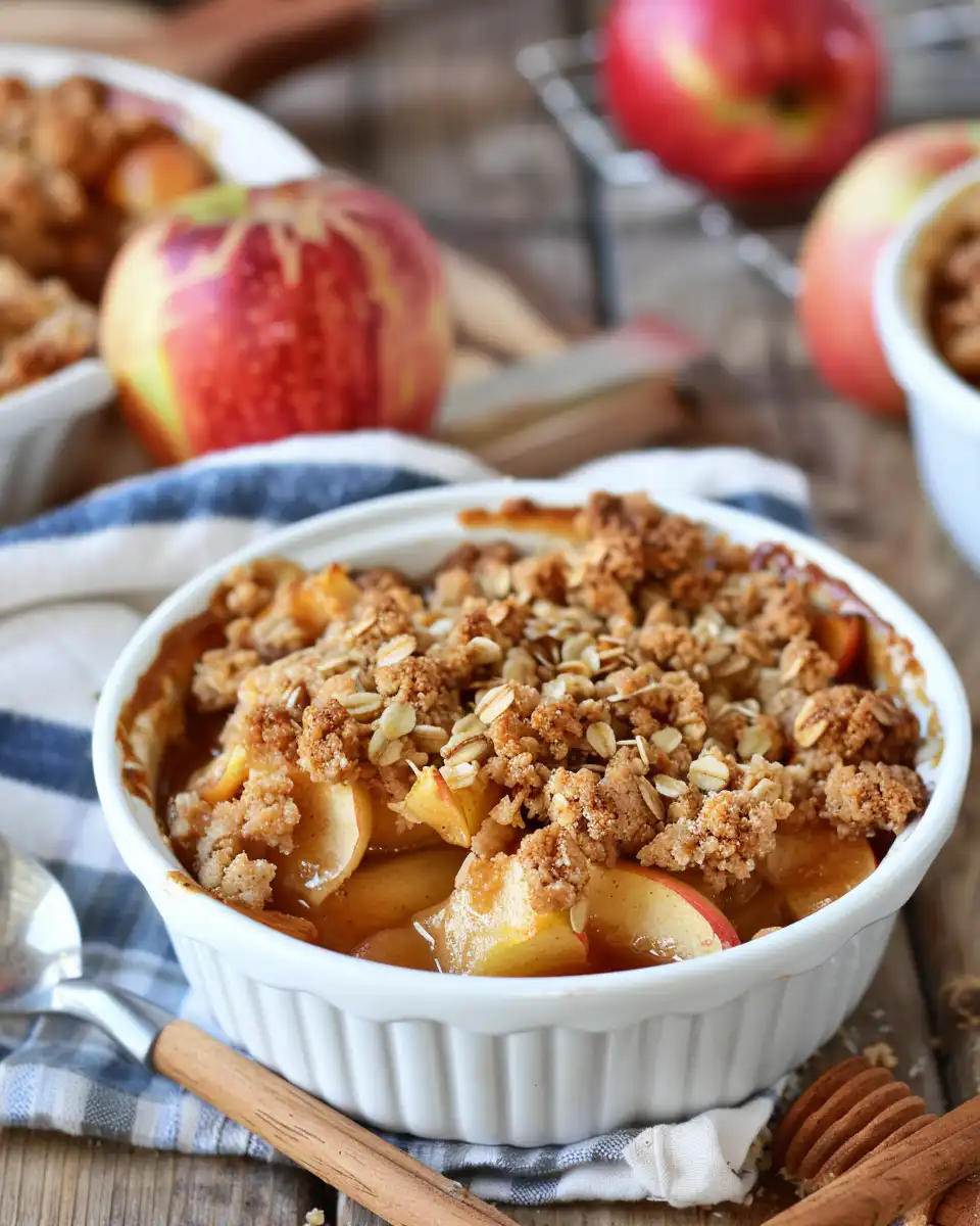 Close-up view of ingredients for apple crisp including cinnamon, oats, and butter