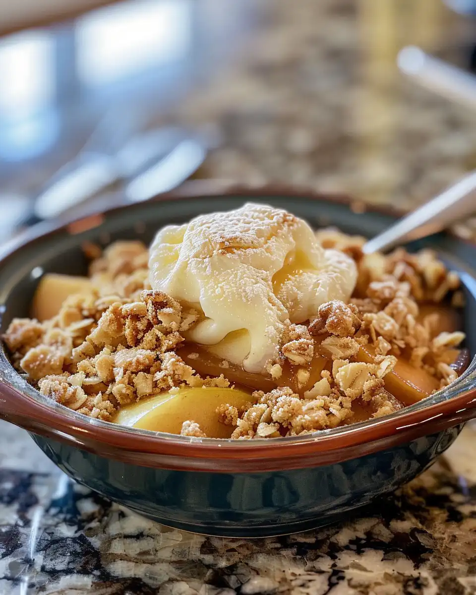 Warm apple crisp baking, steam rising, inviting scent of cinnamon and apples