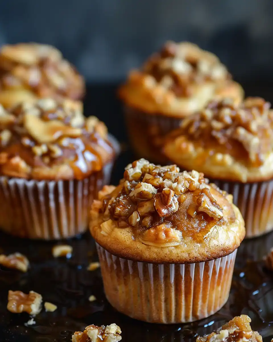 Ingredients detail showing chopped nuts and honey syrup for muffins