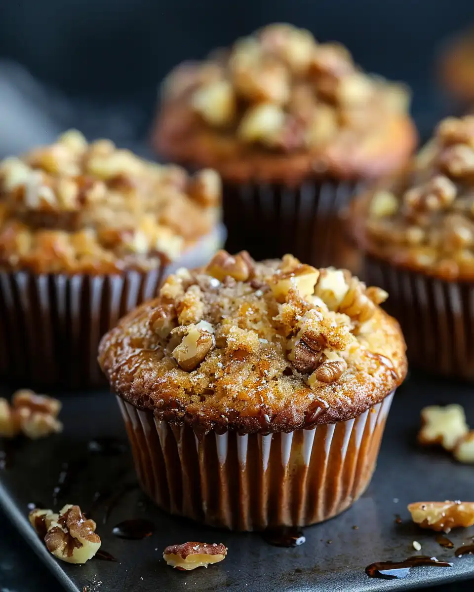 Close up of finished honey baklava muffins with shiny glaze and nut topping