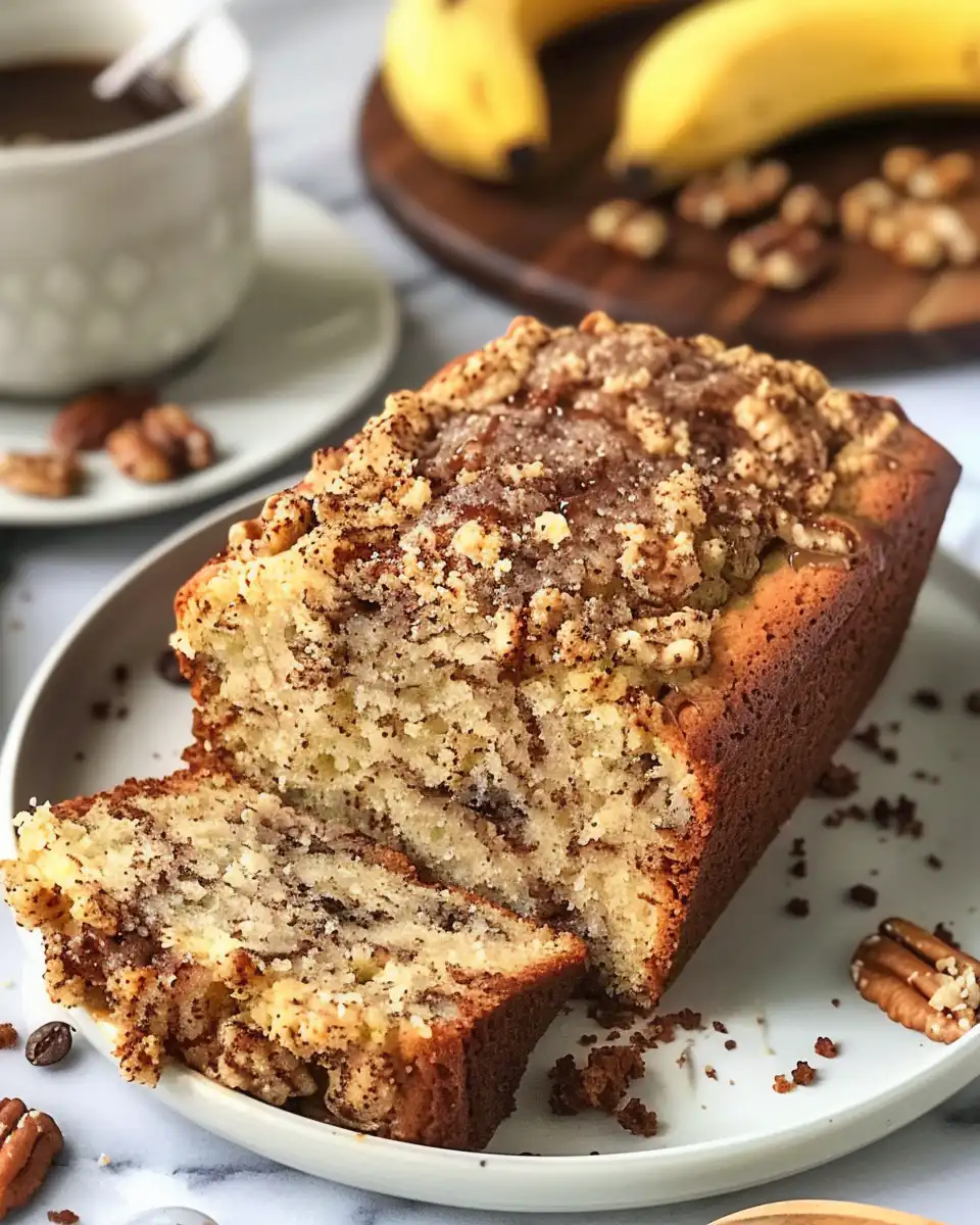 Slice of banana crumb coffee cake with glaze and crumb topping served