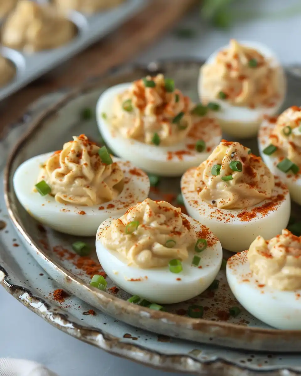 Final presentation of bayou inspired deviled eggs plated