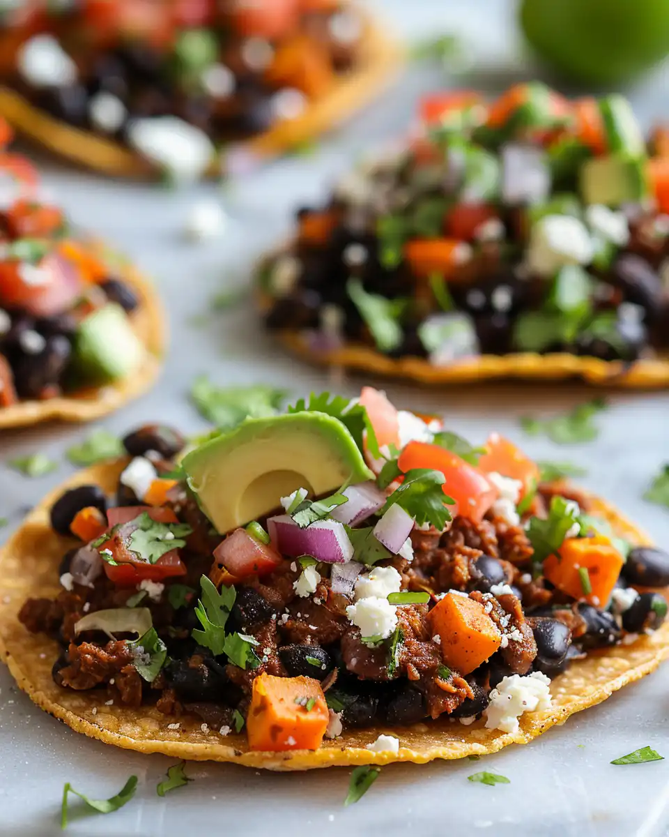 Close up on black bean and sweet potato tostada ingredients
