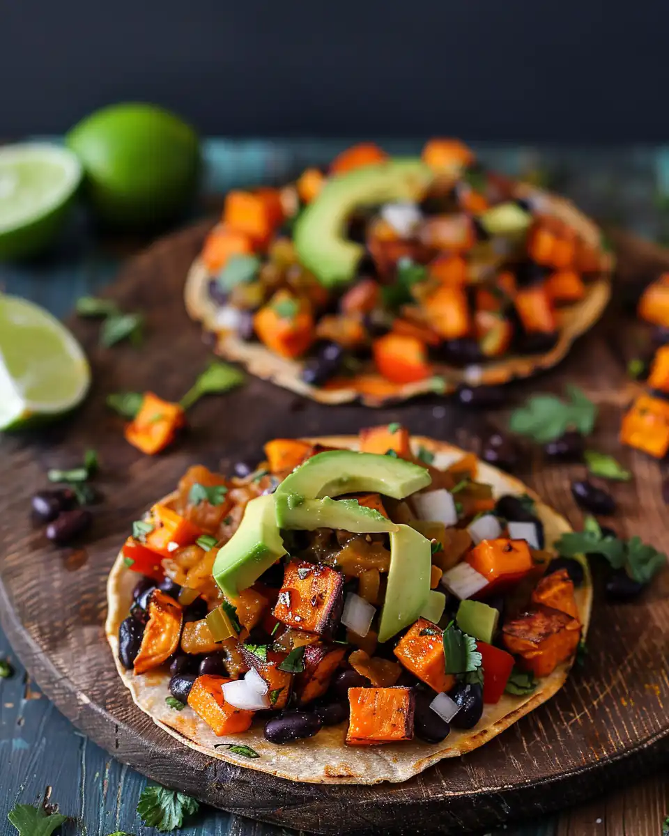 Finished black bean and sweet potato tostadas served with garnishes