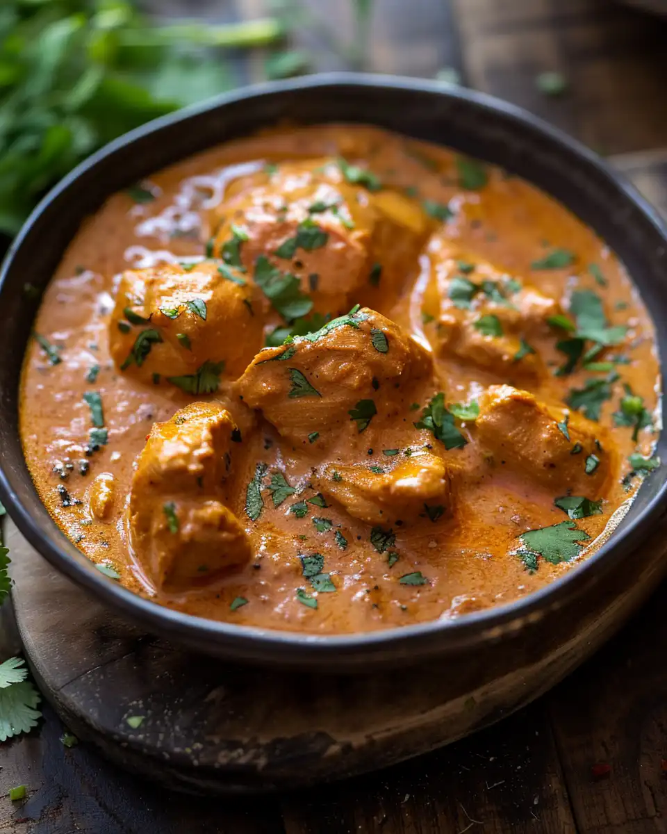 Final plated butter chicken with creamy tomato sauce and garnished coriander