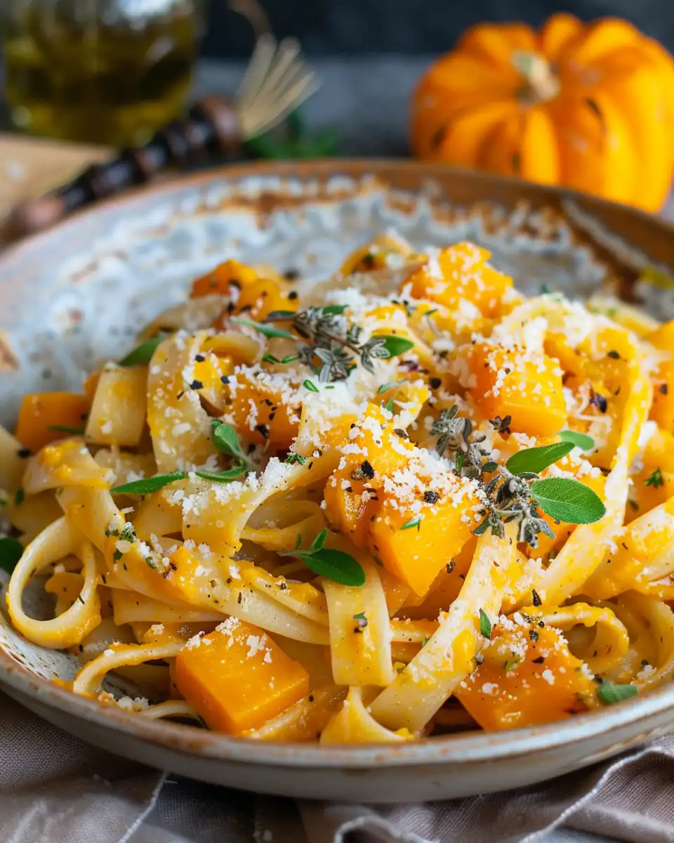 Close-up of fresh ingredients like garlic, thyme, and butternut squash for pasta recipe