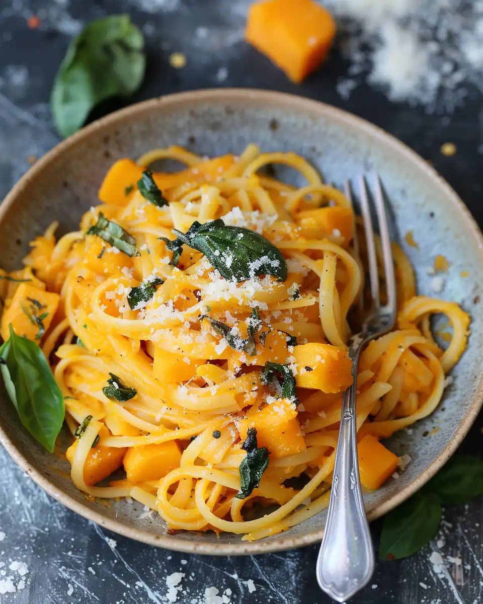Final plated butternut squash pasta with prosciutto and parmesan cheese ready to serve