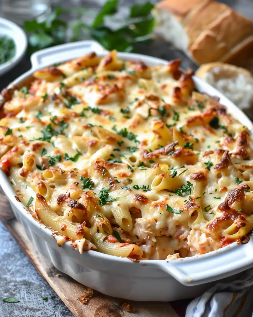 Golden bubbly cheesy crust on Cajun cream cheese chicken pasta bake ready to serve