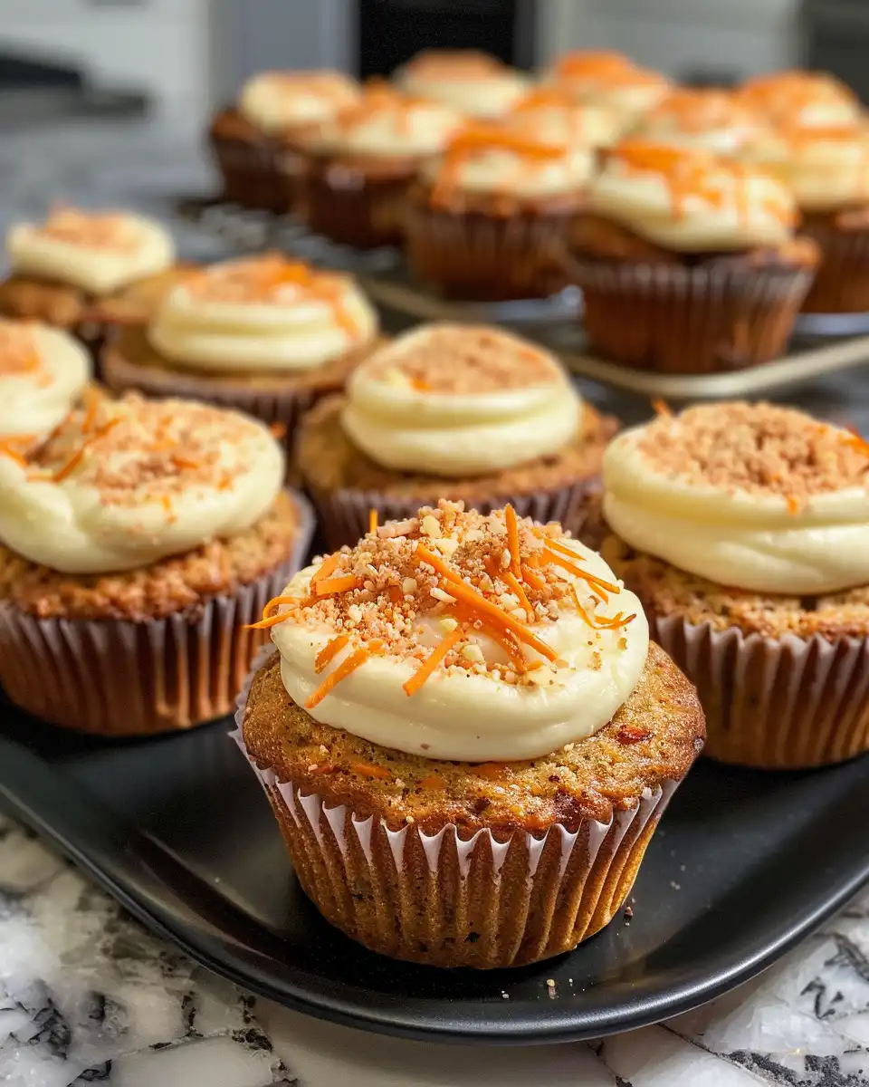Close up of carrot cake muffins with cream cheese filling fresh from cooker, showing golden muffin tops