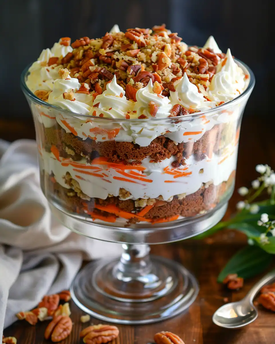 Final layered carrot cake trifle served chilled and topped with walnuts
