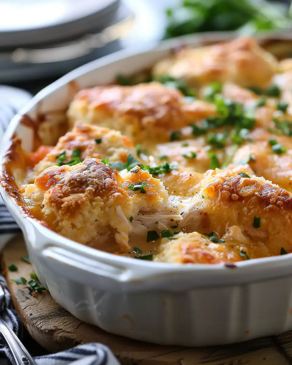 Close up of Cheddar Bay Chicken Cobbler ingredients including biscuit mix and creamy layers