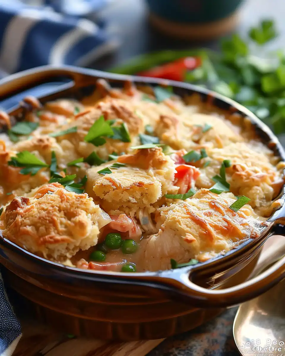 Final plated Cheddar Bay Chicken Cobbler with golden biscuit topping and chicken layers