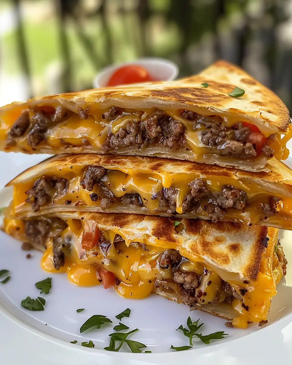 Ingredients and fillings for cheeseburger quesadilla layered on tortilla