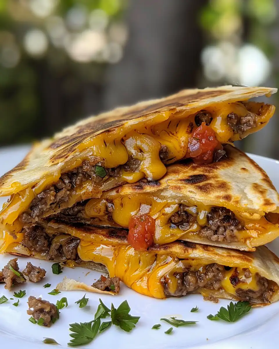 Cheeseburger quesadilla cooking golden on skillet with melted cheddar cheese