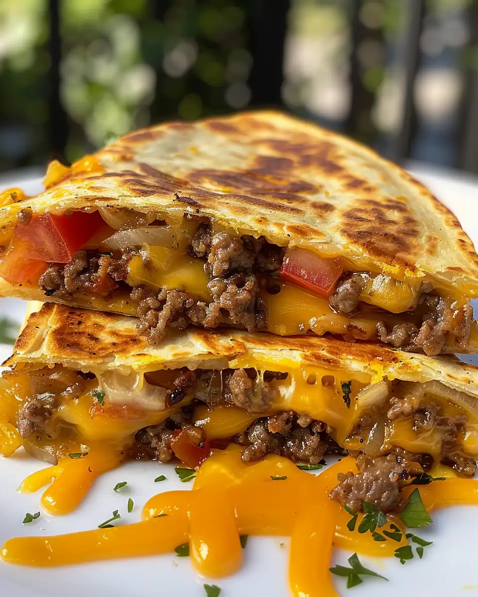 Close up of cheeseburger quesadilla with melted cheese and crispy tortilla