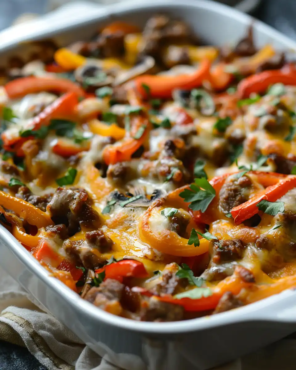 Close-up of cheesy beef fajita casserole ingredients and layering in skillet