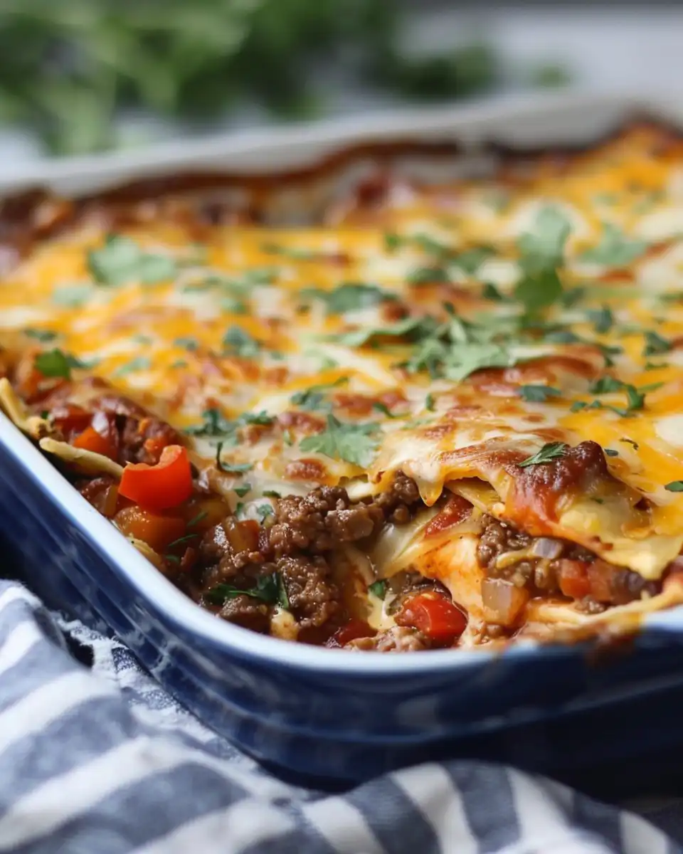 Finished cheesy beef fajita casserole with golden bubbly cheese crust on top